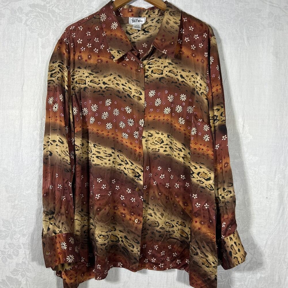 Bob Mackie Button Up 30 100% Silk Brown Floral Animal Print Mixed